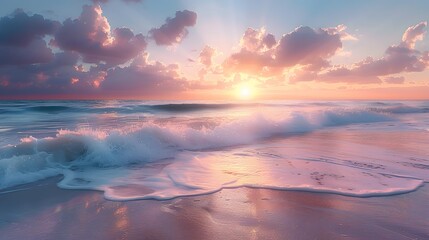 A serene coastal scene at dawn, where the gentle waves kiss the golden sands, illuminated by the first rays of the rising sun. encapsulates the essence of a new day's beginning.