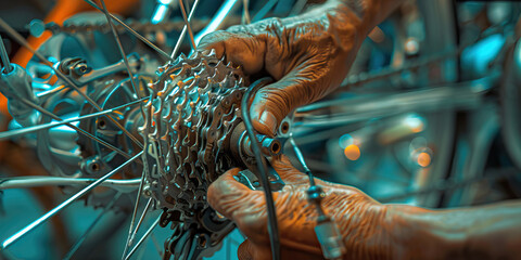 A bicycle mechanic’s hands servicing a bike, ensuring it is in top condition for riding