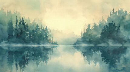 Serene Watercolor Scene of a Foggy Forest Bathed in Soft Dawn Light for Peaceful Nature Artwork
