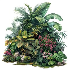 A lush rainforest garden, garden arrangement, realistic painting, rich greens, isolated on white background