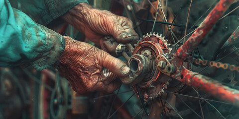 A bicycle mechanic’s hands servicing a bike, ensuring it is in top condition for riding