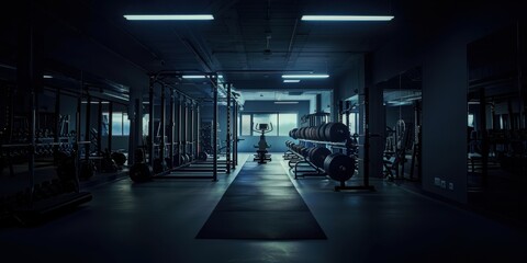 Wide angle photography of an empty modern gym room interior full of weights, bars and racks. Artificial lighting illuminating the room, nighttime shadows, no people. Nobody.