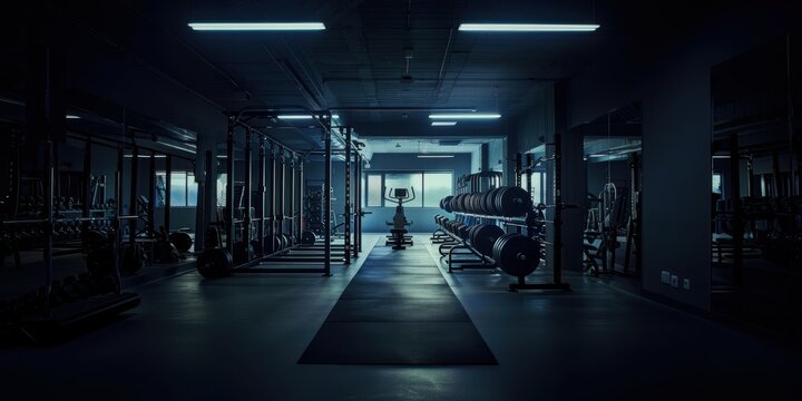 Wide angle photography of an empty modern gym room interior full of weights, bars and racks. Artificial lighting illuminating the room, nighttime shadows, no people. Nobody.