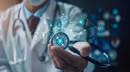 Doctor hand with stethoscope and Ui icon medical in hospital with medical technology network concept