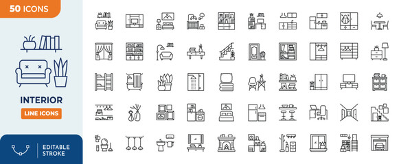 Interior line editable icon set. Contain icons related to Kitchen, bedroom, Living Room, Storage System and more.  Editable stroke. Vector illustration	