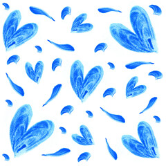 Blue watercolor hand drawn hearts, heart artistic cute texture pattern background, for gentle romantic design for Valentine's Day
