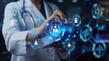 Doctor hand with stethoscope and Ui icon medical in hospital with medical technology network concept