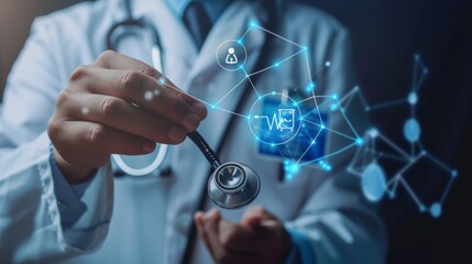 Doctor hand with stethoscope and Ui icon medical in hospital with medical technology network concept