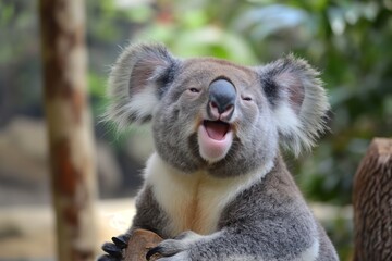 Fototapeta premium A koala bear sitting against a lush, green background with its mouth open, showcasing its furry ears and distinct nose.