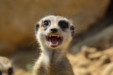 Fototapeta premium A meerkat standing with its mouth wide open, exposing its teeth, and large eyes, amidst a sandy, rocky background.