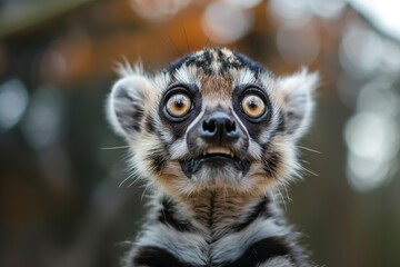 A lemur with wide eyes and notable facial features pictured in its natural environment, appearing curious.
