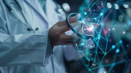 Doctor hand with stethoscope and Ui icon medical in hospital with medical technology network concept