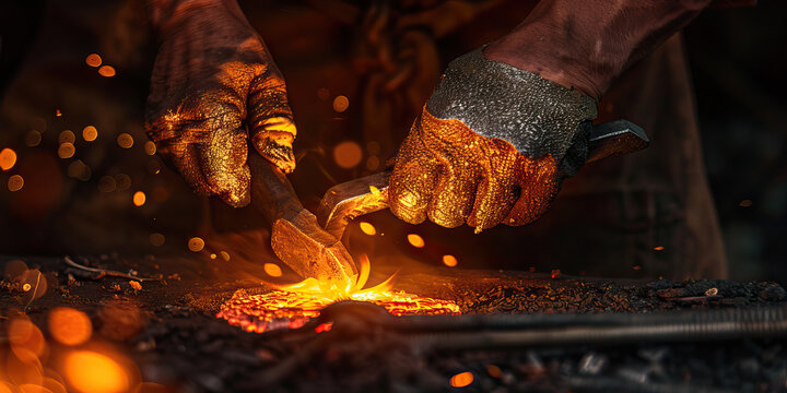 A blacksmiths hands shaping hot metal forging a beautiful weapon.