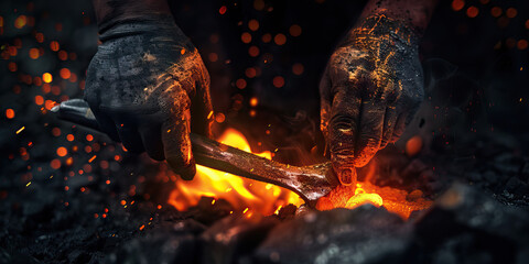 A blacksmiths hands shaping hot metal forging a beautiful weapon.