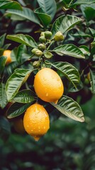 Fresh Yellow Lemons on Green Leaves