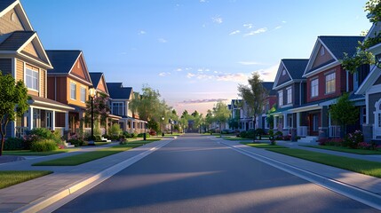 Obraz premium A suburban street at sunset, rows of colorful two-story houses, manicured lawns, tree-lined sidewalks, wide asphalt road, golden hour lighting, clear blue sky, peaceful neighborhood.
