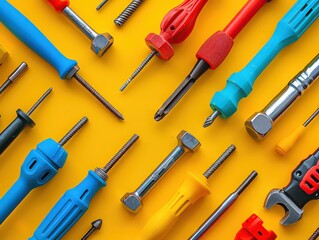 Fototapeta premium Photograph a variety of screwdrivers with screws scattered around on a simple background, with space for text about assembly, fixing, or the basics of construction.