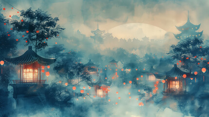 Obraz premium Serene Watercolor Landscape of a Traditional Japanese Festival with Foggy Atmosphere and Lantern Lights