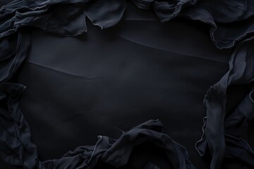 An abstract black background showing crumpled dark fabrics, providing a textured and moody aesthetic.