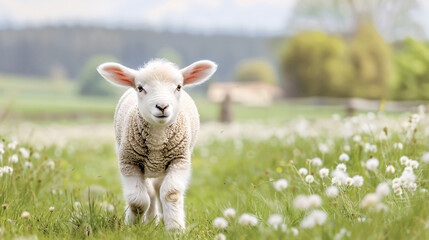 Fototapeta premium A baby sheep is walking through a field of flowers. The sheep is small and fluffy, and it is enjoying the fresh air and the beautiful scenery. The field is filled with a variety of flowers