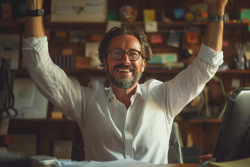 Obraz premium Successful happy businessman sitting in his office and raising his hands.