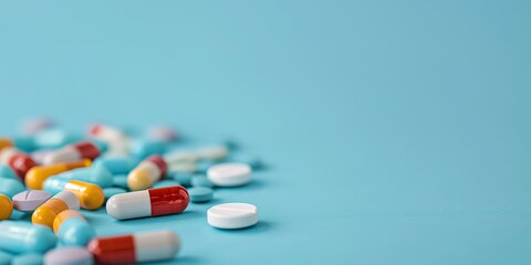 A scattered array of pills and capsules in various colors on a blue surface, conveying medication theme and diversity.