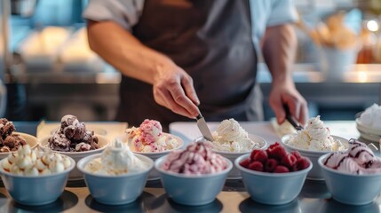 Ice cream taster seated at a counter, surrounded by different ice cream flavors and a notepad for recording observations. The taster samples each flavor, demonstrating a methodical approach to