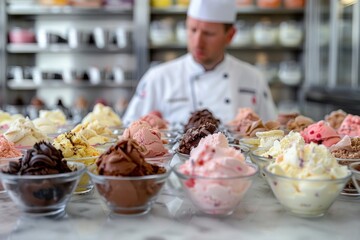 An array of ice cream samples in small glass bowls arranged on a marble countertop. An ice cream taster stands in the background, wearing a chef's hat and coat, meticulously assessing each flavor.