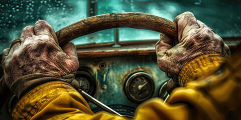 A boat captains hands steering a ship navigating with purpose on the seven seas.