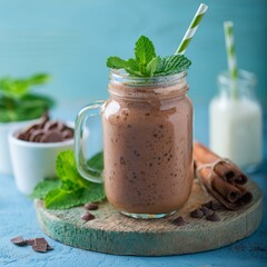 Close-up of smoothie with mint leaves and cacao nibs in mason jar