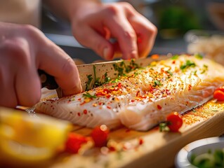 Hands skillfully cutting a fish with a sharp knife.