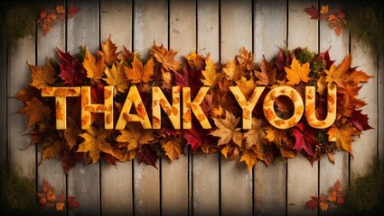 Autumnal Thank You Message Made of Fall Leaves on Wood Fence