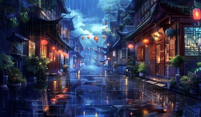 A small street in the middle of rural Japan, brimming with businesses, raining weather, nighttime, anime artwork