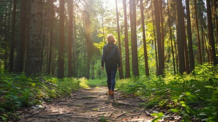 Obraz premium A person practicing mindfulness while walking through a peaceful forest, paying attention to their surroundings