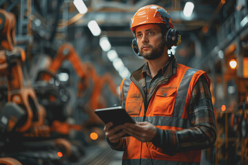 Happy engineer in safety suit holding tablet, monitoring and controlling automatic robot arm machine