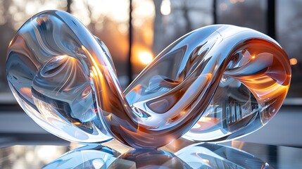 Abstract Art Installation in a Modern Gallery: A close-up view of an intricate abstract sculpture made of polished steel and mirrored glass.