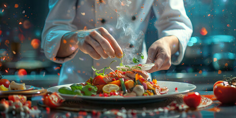 A chefs hands skillfully preparing a gourmet meal action shot.