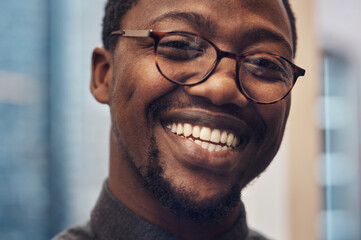 Office, architecture or black man in portrait with smile, confidence and happiness for professional career. Workplace, male architect and ideas for project management, construction and renovation job