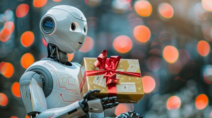A humanoid robot with a gift box poster with