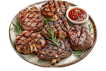 Variety of grilled meat steaks on a plate, each garnished with pepper sauce and rosemary, separated on a white background