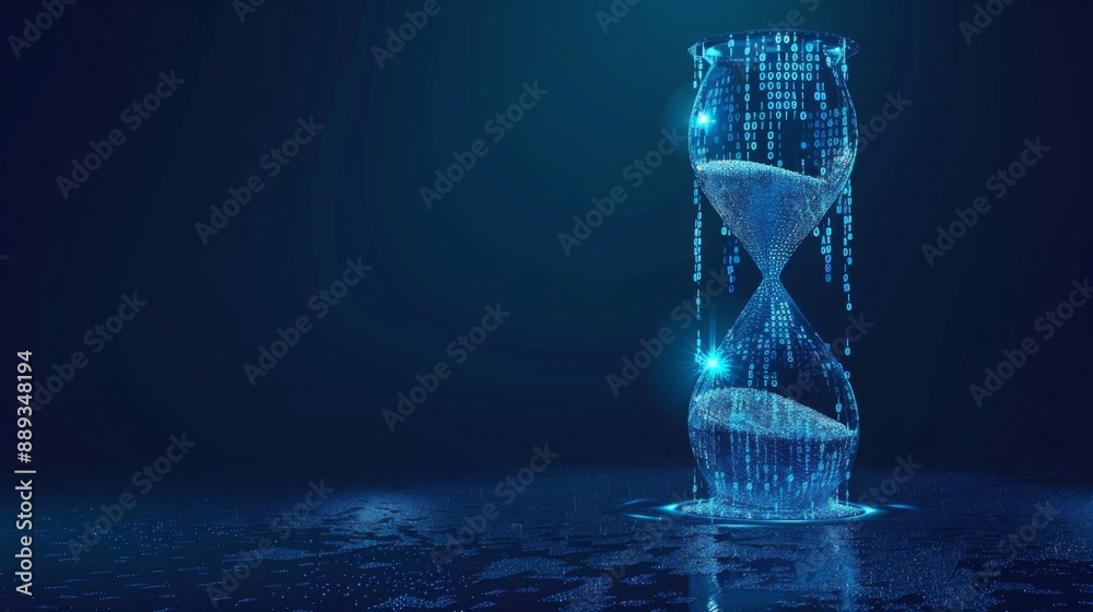 Aufkleber A digital hourglass, composed of binary code, sits on a dark blue surface. Light reflects off the hourglass, creating a sense of movement and time passing.
