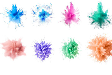 Various frozen powder explosions, each bursting with bright colors, isolated on a white background, representing festive celebrations