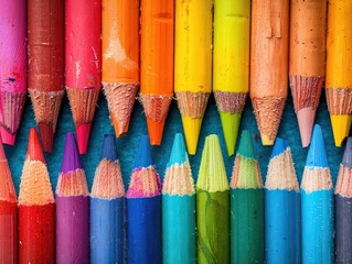 vibrant background with rows of colorful crayons standing upright.