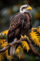 Obraz premium Majestic bald eagle perched on a branch with detailed feathers and a sharp beak, set against a blurred forest background.