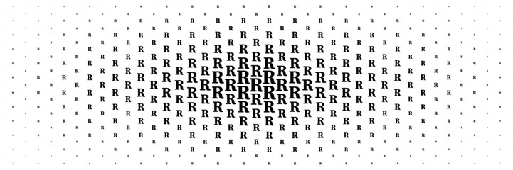 horizontal halftone of black capital letter r spreading from center for pattern and background.