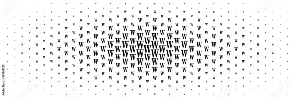 Poster horizontal halftone of black capital letter w spreading from center for pattern and background.