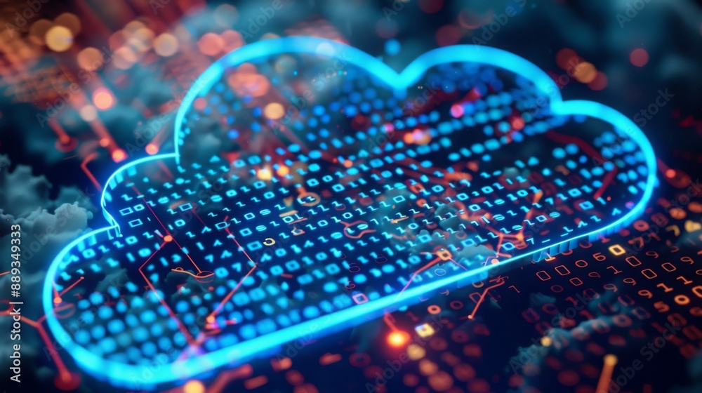 Aufkleber A glowing blue cloud symbol is shown over a background of binary code and digital circuits.