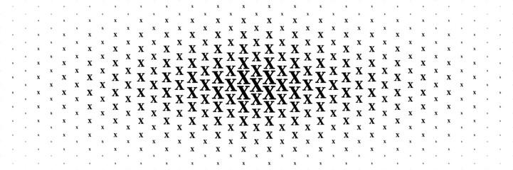 horizontal halftone of black capital letter x spreading from center for pattern and background.