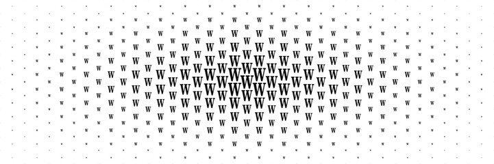 horizontal halftone of black capital letter w spreading from center for pattern and background.