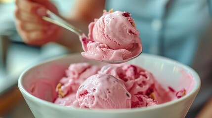 Close-up of an ice cream taster's hand dipping a spoon into a bowl of velvety ice cream. The focus is on the texture and color of the ice cream, with the taster's thoughtful expression blurred in the